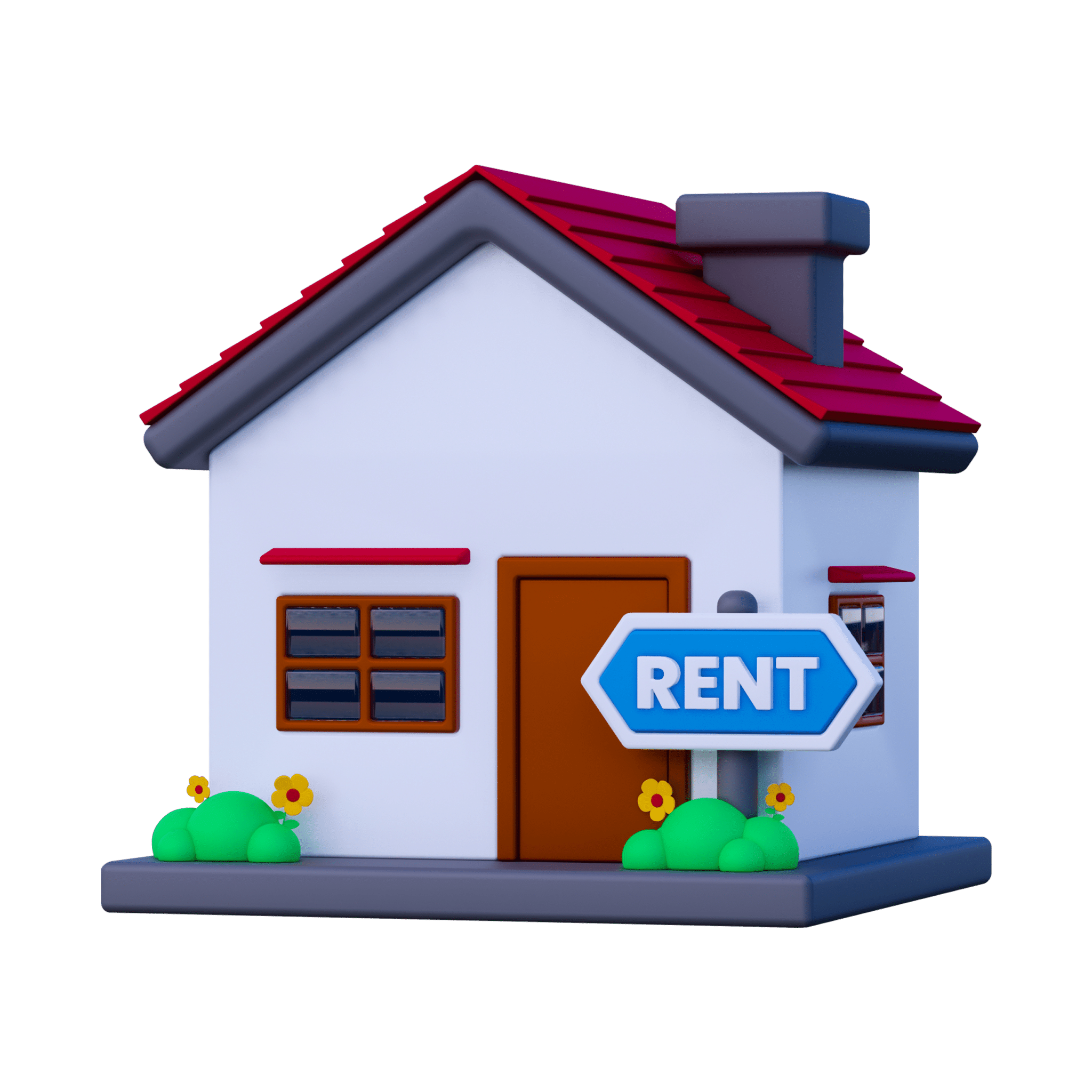 Icône 3D d'une maison avec panneau RENT, illustrant la mise en location d'un bien immobilier
