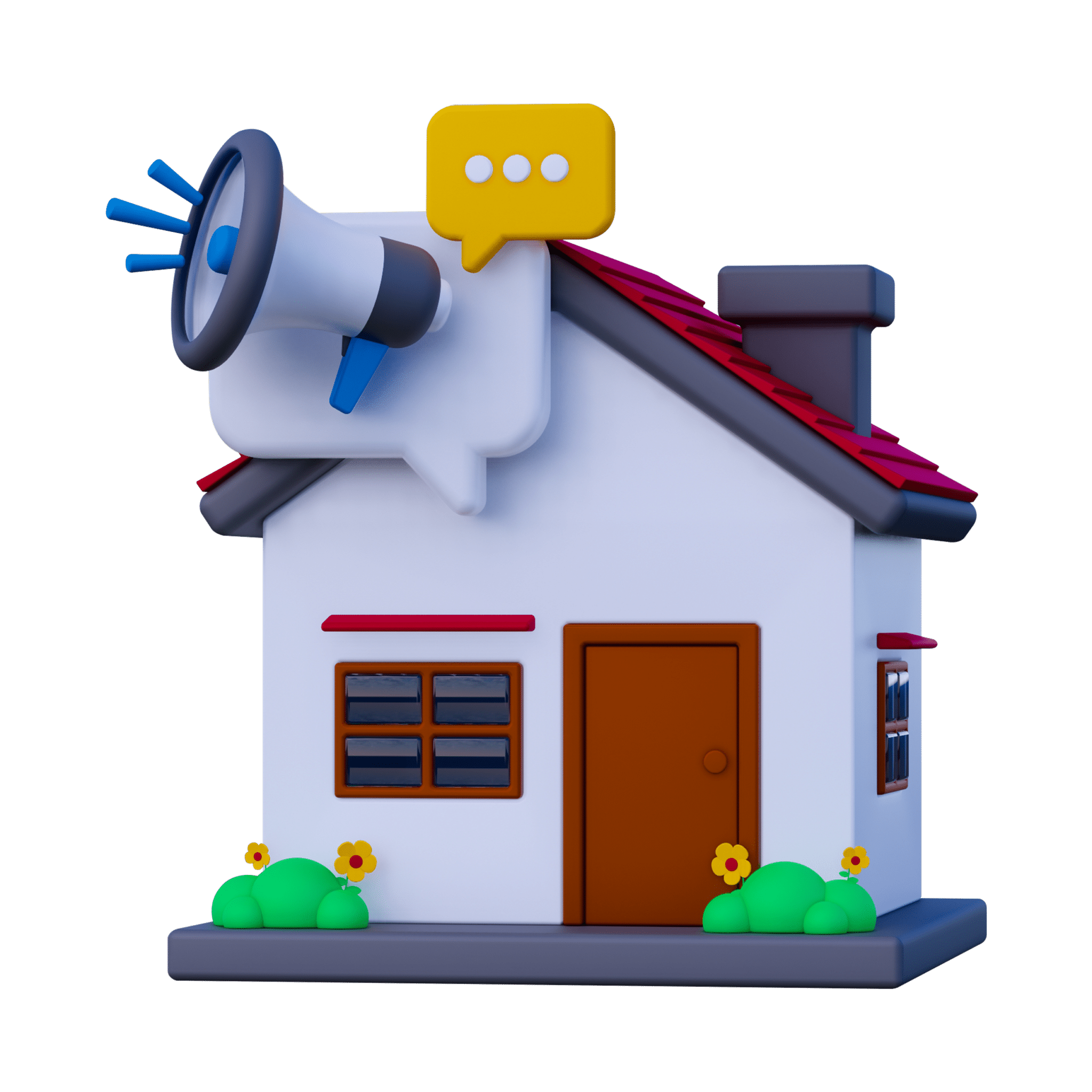 Icône 3D d'une maison avec mégaphone, illustrant la communication et le marketing immobilier